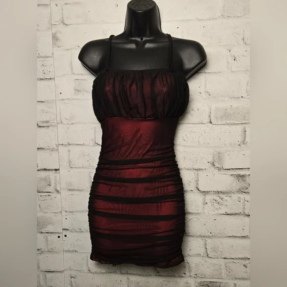 SHEIN Black Red Mesh Ruched Bodycon Mini Dress US 2 - Picture 2 of 13